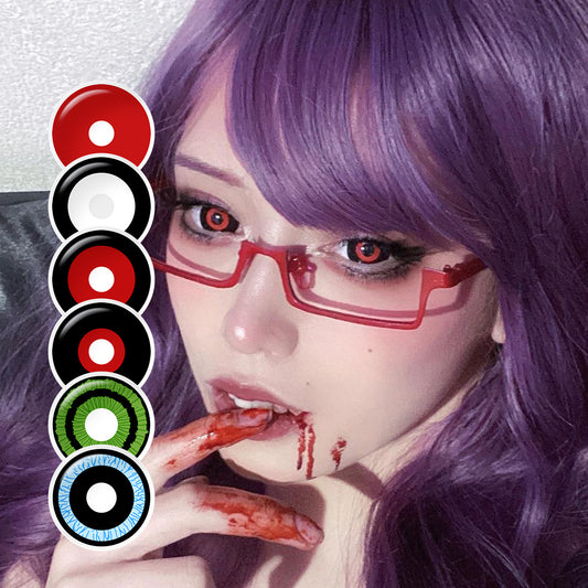 A young cosplayer showcasing 17mm sclera costume contacts with 9 Variants, with close-up insets highlighting on the wearer's eye color.