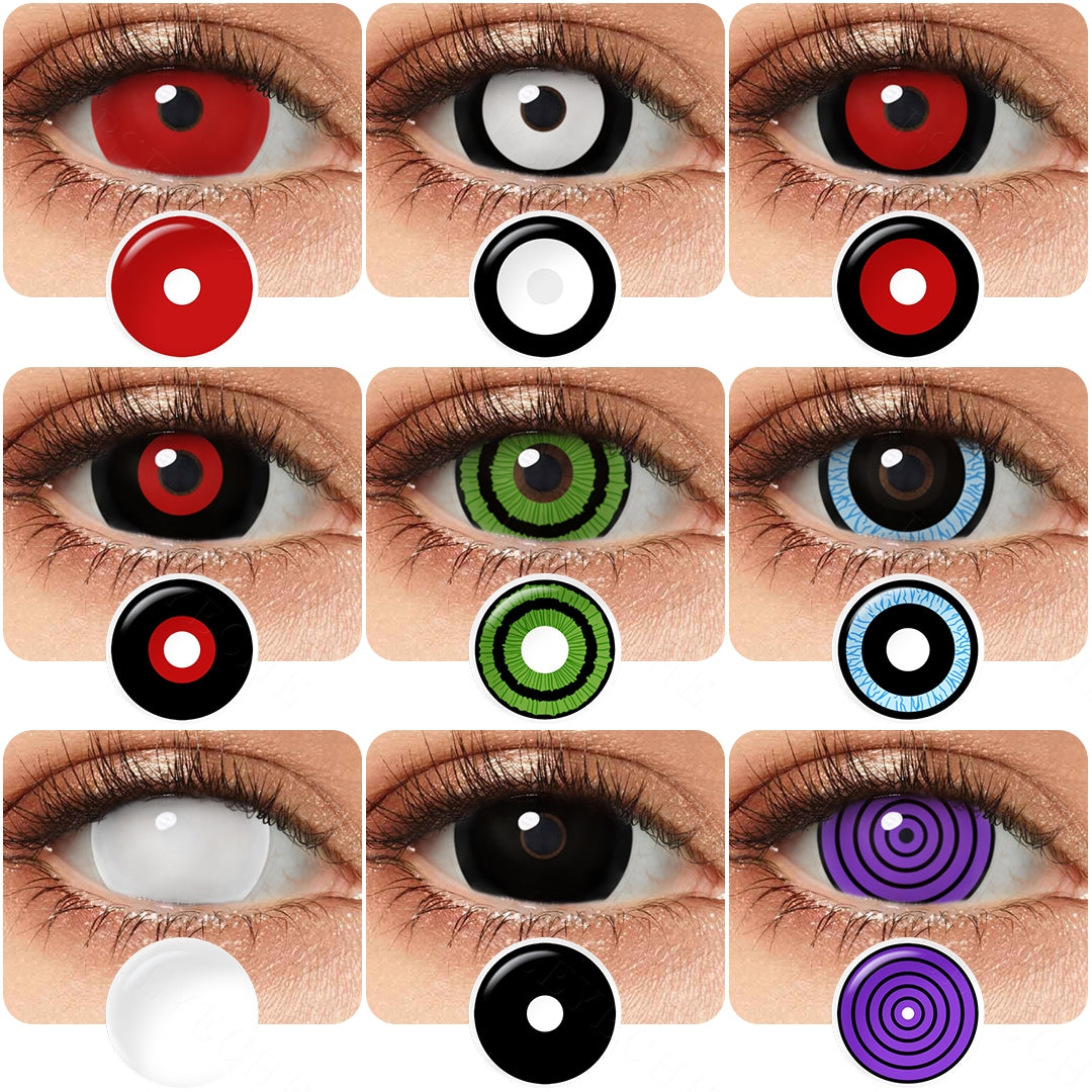 Variety of 17mm costume contacts colors displayed on a model's eyes, showcasing shades All Red, All White,All Black,Black White, Black Red, Black Green, Black Blue, Black Small Red, Black Purple with each color's name indicated below the respective image.