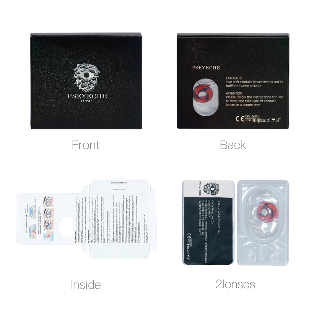 Sharingan Costume Contacts package display, 1PC in each blister, 2PCS in each box.