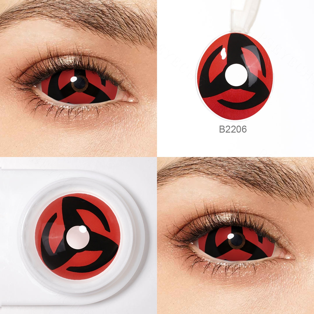 Grid display of 1 shade of Anime Cosmetic Contacts, which is Red,with a close-up view of the lens pattern and the effect on a brown-eyed model in 3 different angel.
