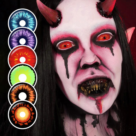 A young cosplayer showcasing 22mm sclera costume contacts with 6 Variants, one black with white variant with close-up insets highlighting on the wearer's eye color.