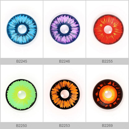 Variety of 22mm costume contacts colors displayed on real showcasing shades charming danger with each color's name indicated below the respective image.