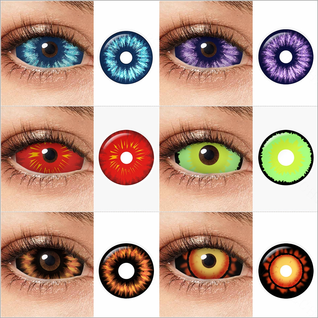  Variety of 22mm costume contacts colors displayed on a model's eyes, showcasing shadescharming danger with each color's name indicated below the respective image.