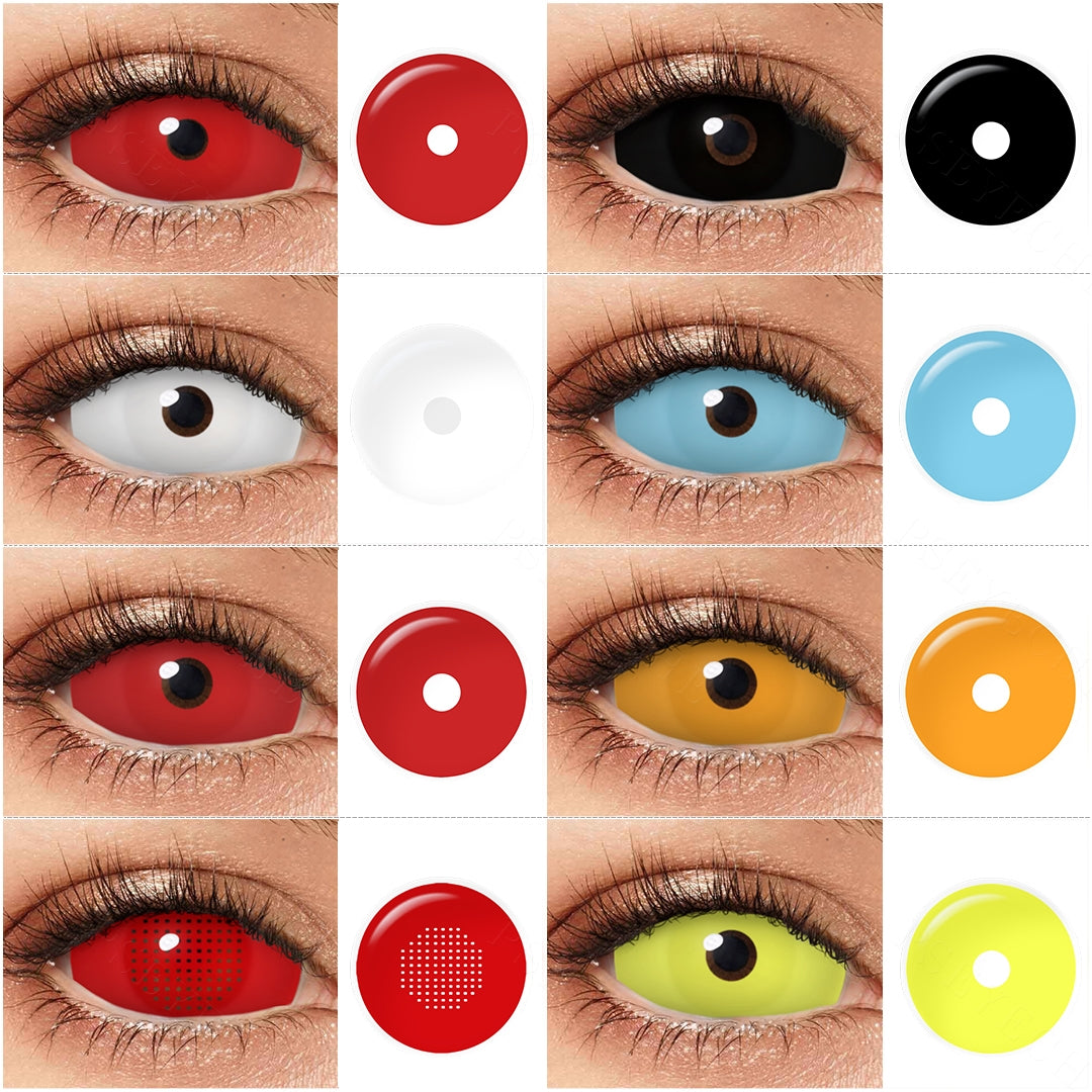 Variety of 22mm costume contacts  colors displayed on a model's eyes, showcasing shades all black,all white , red,blue,organge ,red mesh with each color's name indicated below the respective image.