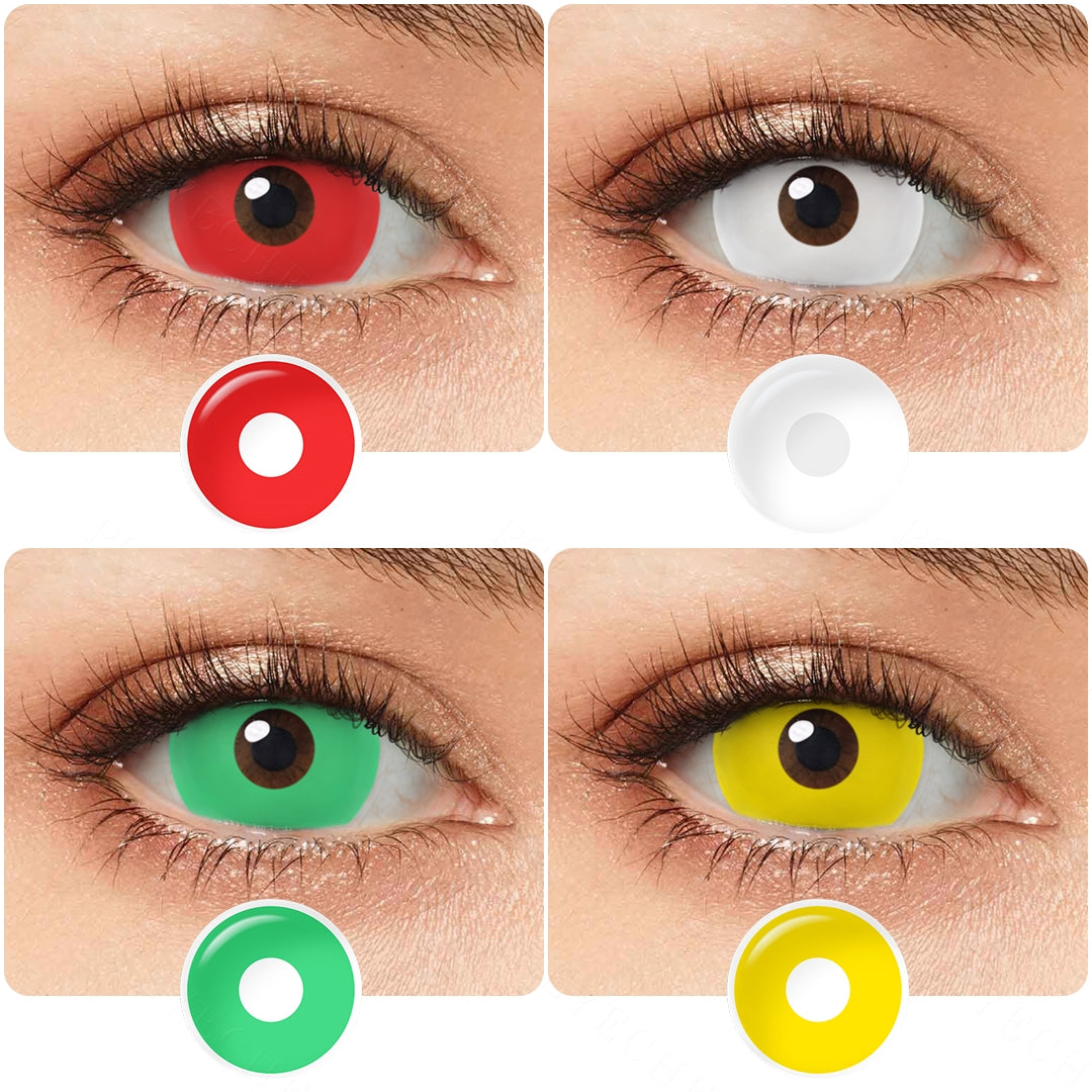 Variety of 17mm costume contacts colors displayed on a model's eyes