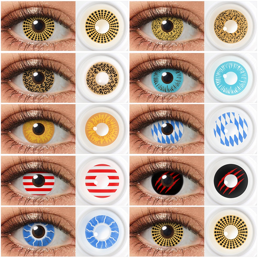 Grid layout of Animate Costume Contacts  in various shades with each lens' color name with close-up insets highlighting the natural and enhanced eye colors available, on a soft gradient background.