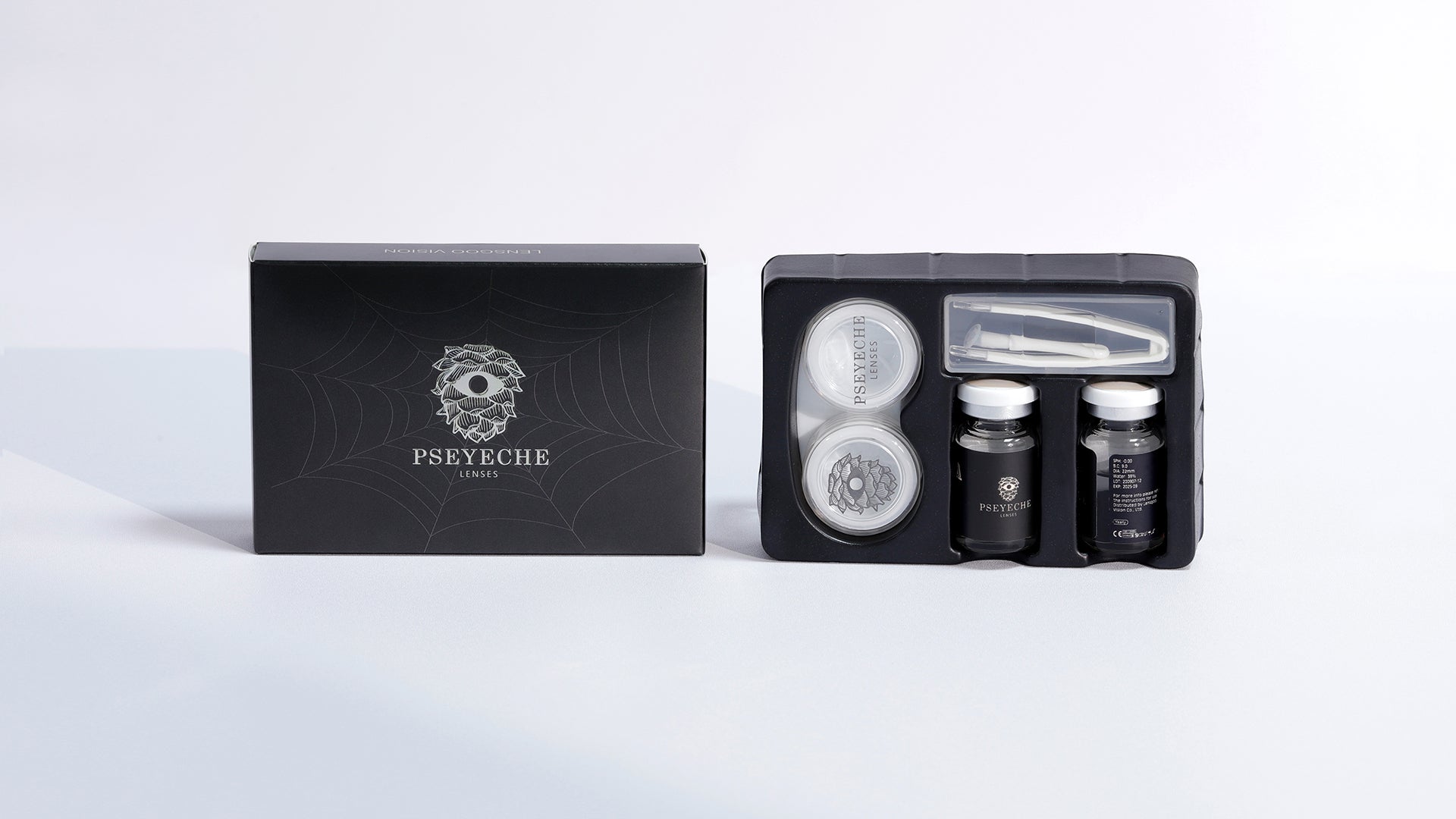 display a pseyeche Anime 22 mm sclera contact lenses black  package box with shine and beautiful pattern ,one box contain with 2pcs lenses( each packed in a glass bottle)+1 case+1 plastic tray+1 case+1 tweezer+1 stick