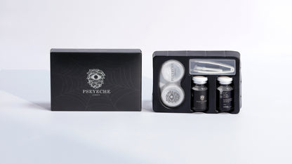 display a pseyeche Anime 22 mm sclera contact lenses black  package box with shine and beautiful pattern ,one box contain with 2pcs lenses( each packed in a glass bottle)+1 case+1 plastic tray+1 case+1 tweezer+1 stick