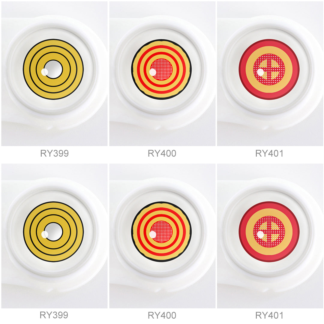 Array of Anime Costume Contacts in a white case, showcasing nine colors: Yellow Ring, Orange Ring with Net, Red with Cross. Each lens is labeled with its color name beneath the case.