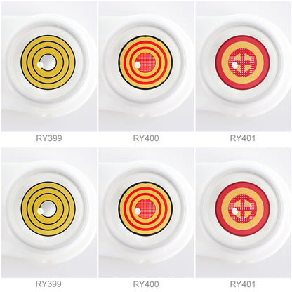 Array of Anime Costume Contacts in a white case, showcasing nine colors: Yellow Ring, Orange Ring with Net, Red with Cross. Each lens is labeled with its color name beneath the case.