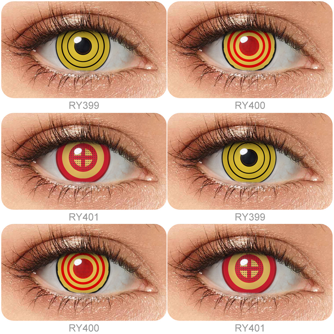 Variety of Anime Costume Contacts colors displayed on a model's eyes, showcasing shades Yellow Ring, Orange Ring with Net, Red with Cross.