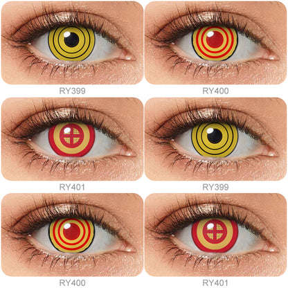 Variety of Anime Costume Contacts colors displayed on a model's eyes, showcasing shades Yellow Ring, Orange Ring with Net, Red with Cross.