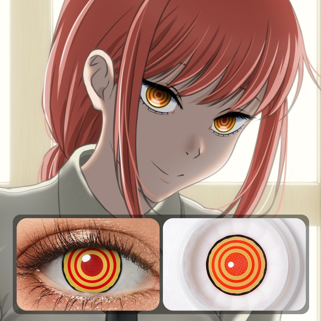 An Anime figure showcasing orange with net Anime Costume Contacts, with close-up insets highlighting the effect and change eye colors available.