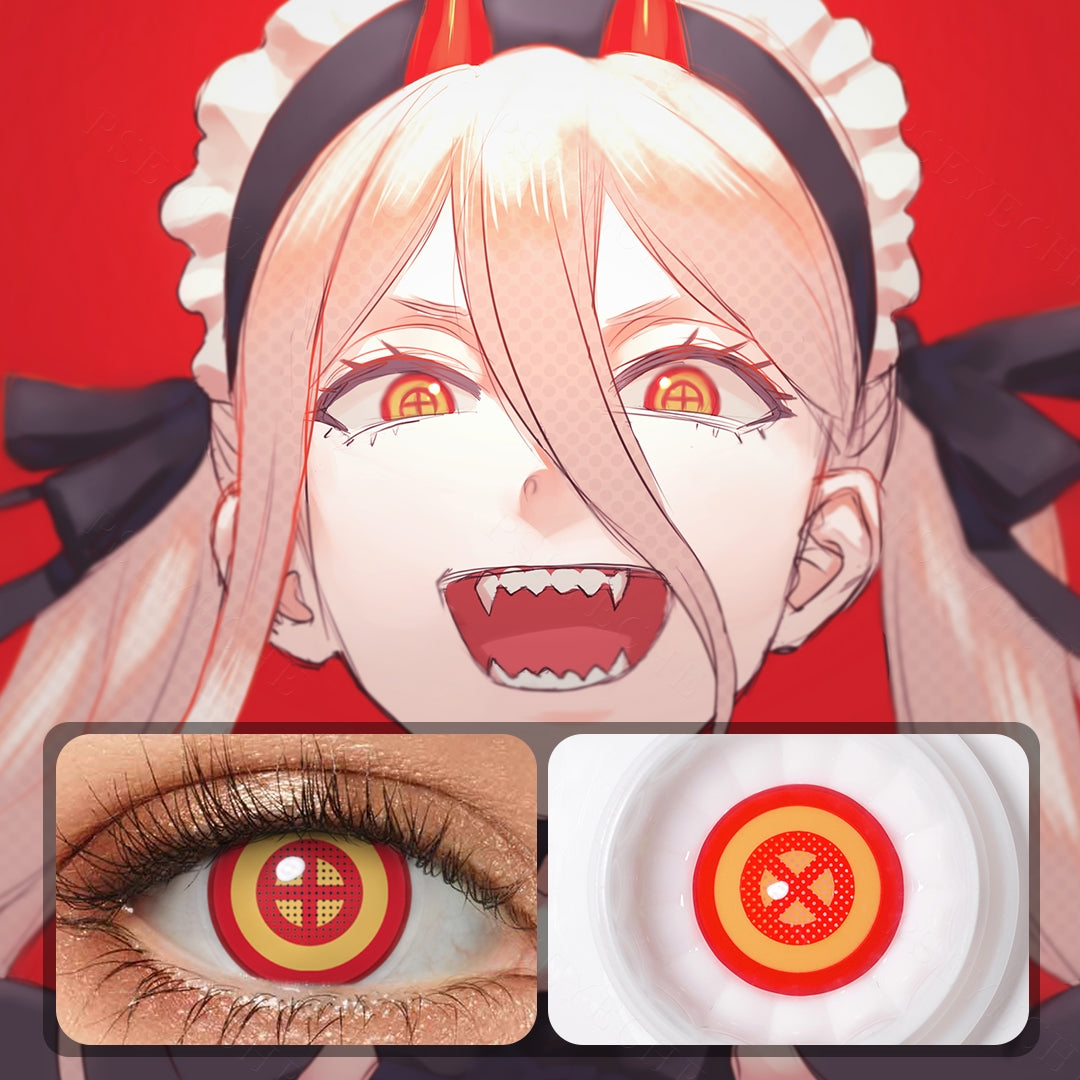 An Anime figure showcasing red with cross Anime Costume Contacts, with close-up insets highlighting the effect and change eye colors available.