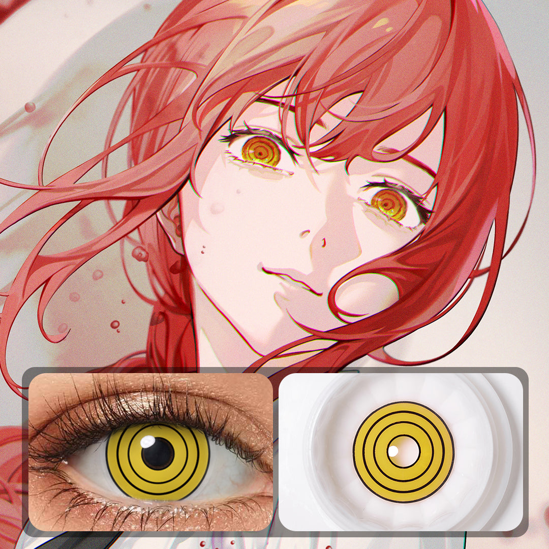 An Anime figure showcasing yellow ring Anime Costume Contacts, with close-up insets highlighting the effect and change eye colors available.