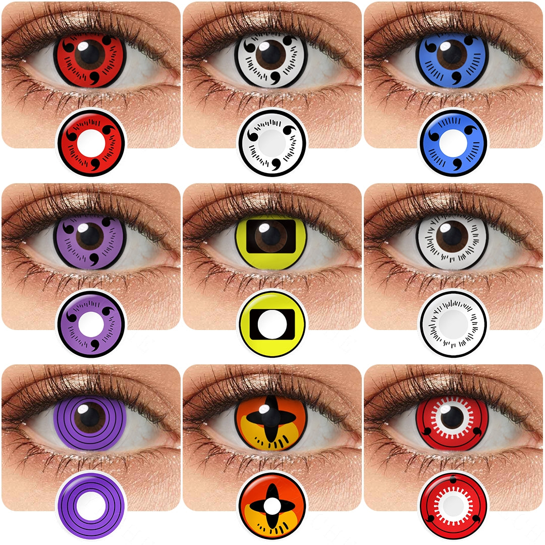 Variety of Anime Sharingan Cospaly contact lenses colors displayed on a model's eyes, showcasing 9 different shades.