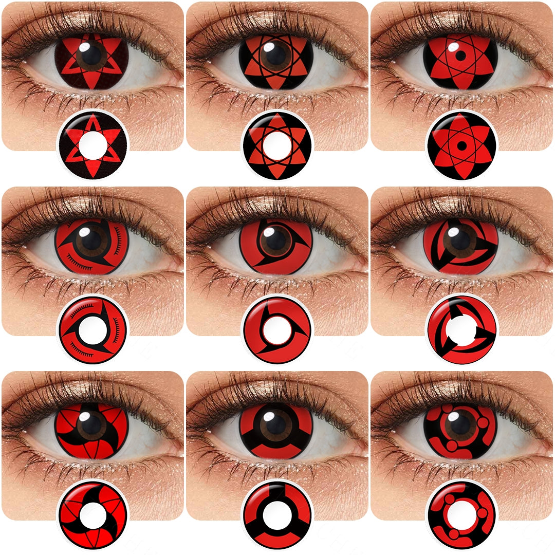 Variety of Anime Sharingan Cospaly contact lenses colors displayed on a model's eyes, showcasing 9 different shades.