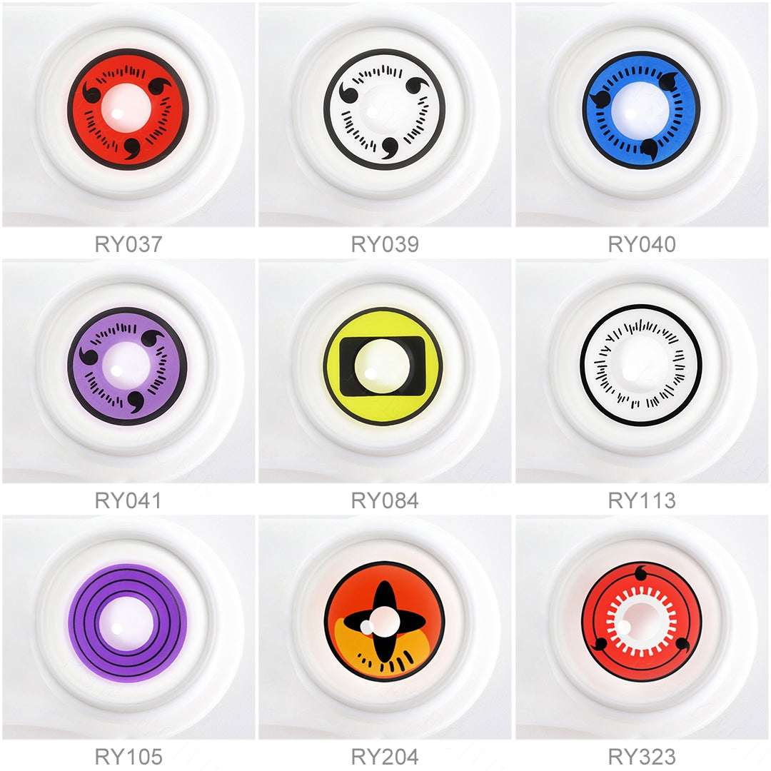 Array of Anime Sharingan Costume Contacts in a white case, showcasing 9 different colors. Each lens is labeled with its color number beneath the case.