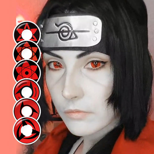 A young cosplayer showcasing Anime sharingan cosplay color contact lenses with 6 Variants, one black with white variant with close-up insets highlighting on the wearer's eye color.