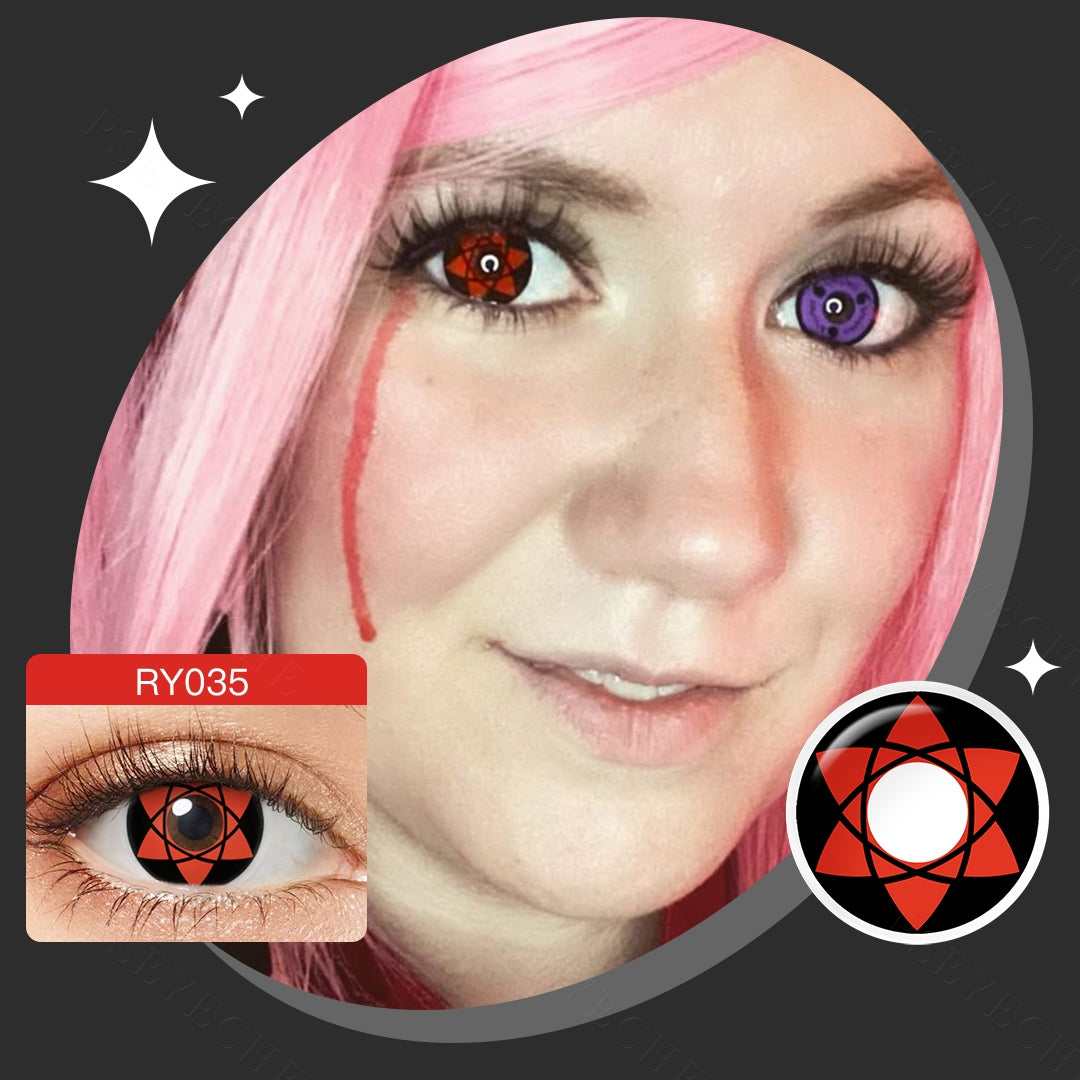 A young lady showcasing Anime Sharingan Costume Contacts, with close-up insets highlighting the effect and change eye colors available.
