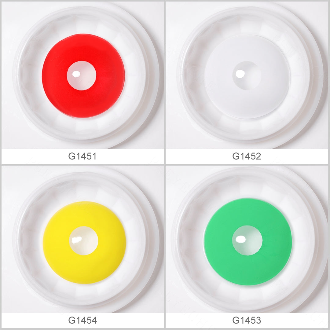 Variety of 17mm costume contacts colors displayed on real showcasing shades Red, White, Green, Yellow with each color's name indicated below the respective image.