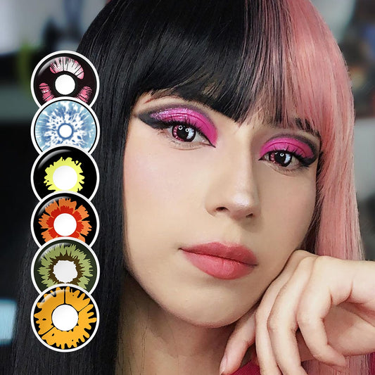 A young cosplayer showcasing Beast Eye Costume Contacts with 6 Variants, with close-up insets highlighting on the wearer's eye color.