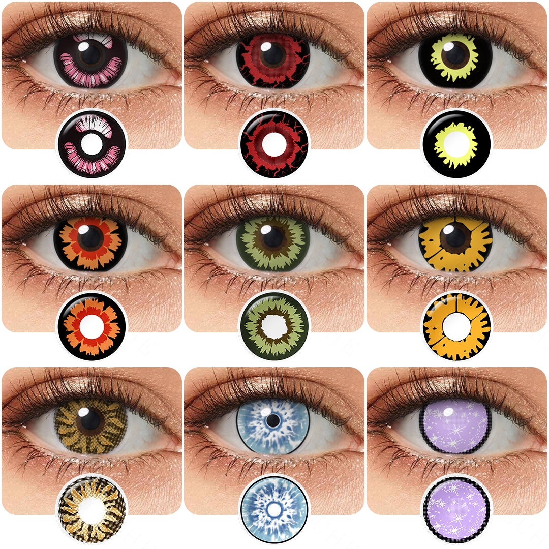 Variety of Wild Beast Eye Costume Contacts displayed on a model's eyes, showcasing 9 different shades.