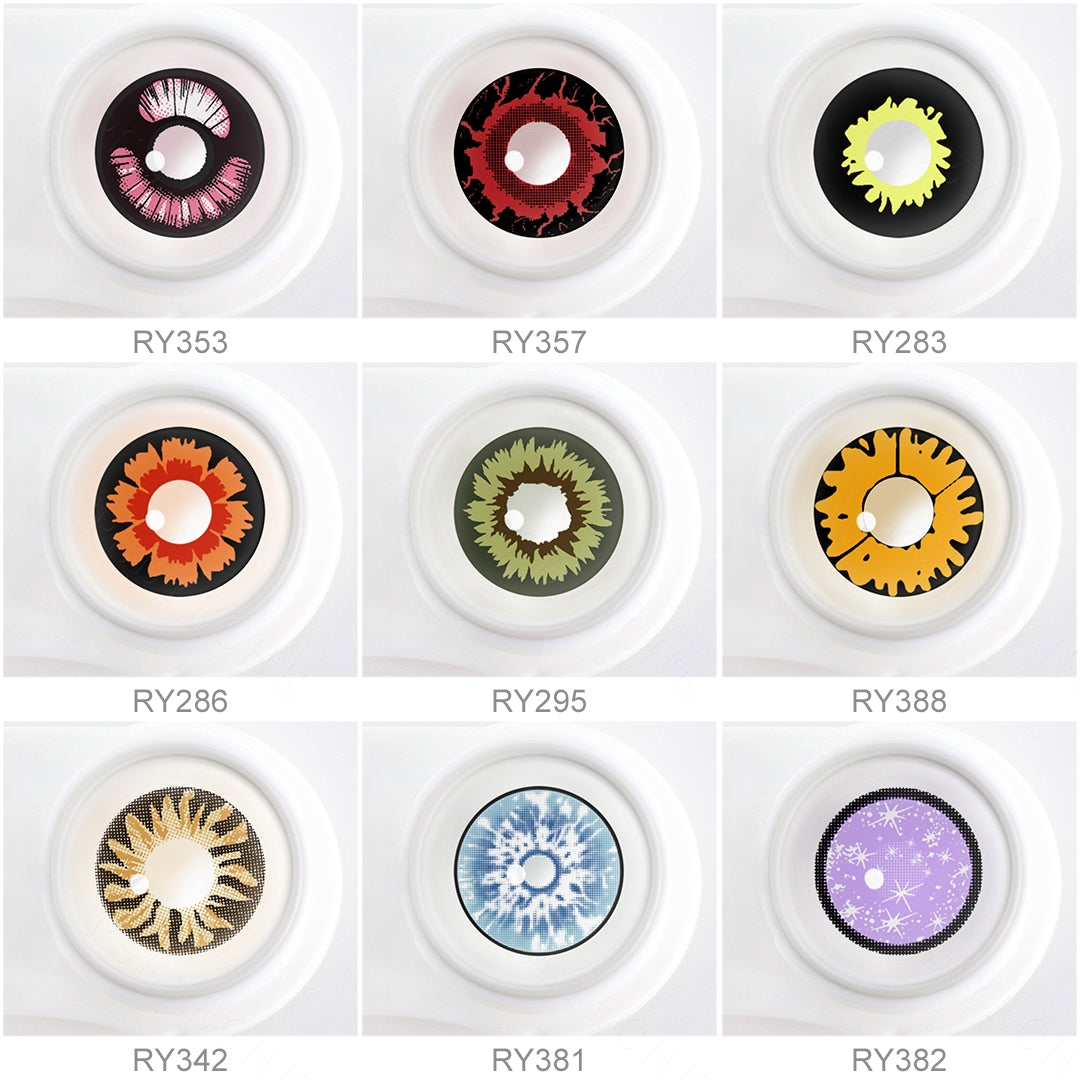 Array of Beast Eye Costume Contacts in a white case, showcasing nine colors: Ice blue, Miracle green and brown, Violet galaxy, Girly pink Anime, Black and yellow, Petal pattern, Obsidian brown, Twilight new moon, Red flame crack. Each lens is labeled with its color name beneath the case.