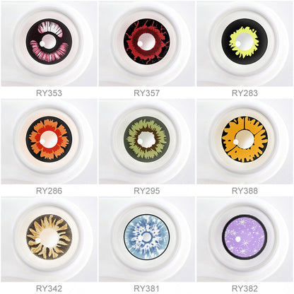 Array of Beast Eye Costume Contacts in a white case, showcasing nine colors: Ice blue, Miracle green and brown, Violet galaxy, Girly pink Anime, Black and yellow, Petal pattern, Obsidian brown, Twilight new moon, Red flame crack. Each lens is labeled with its color name beneath the case.