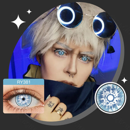A young lady showcasing Ice blue Beast Eye Costume Contacts, with close-up insets highlighting the effect and change eye colors available.