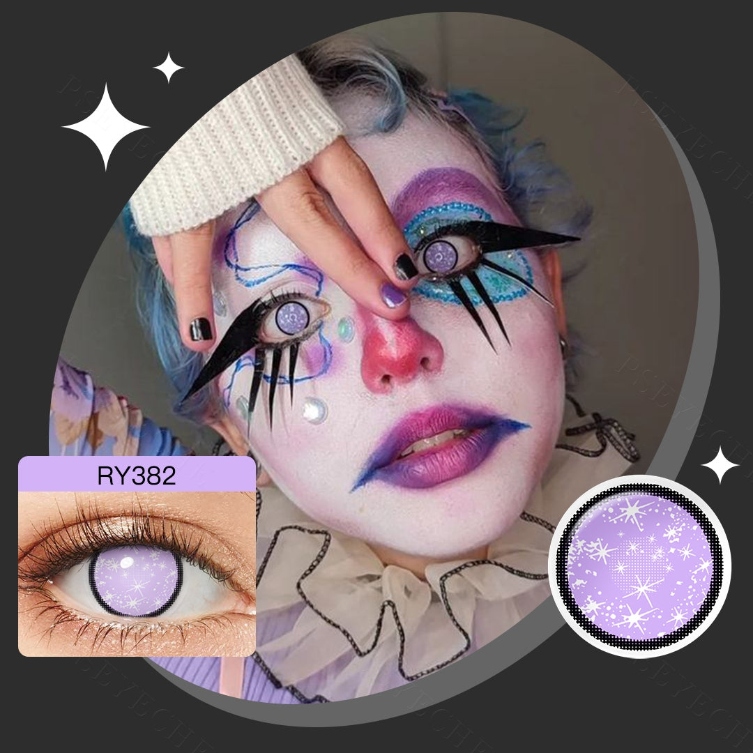 A young lady showcasing Violet galaxy Beast Eye Costume Contacts, with close-up insets highlighting the effect and change eye colors available.