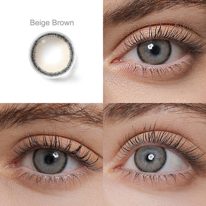 Roze Airy Beige Brown Colored Contacts ,the effect on a blue-eyed model in 3 different angel.