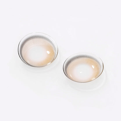 2 pcs lenses of HALO BROWN contact lenses on a white surface, showing the details of the lens pattern from the front and back