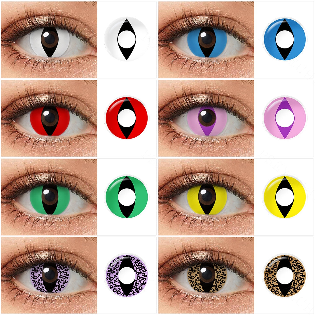 Variety of eye cat halloween contacts color displayed on a model's eyes, showcasing 8 different shades.