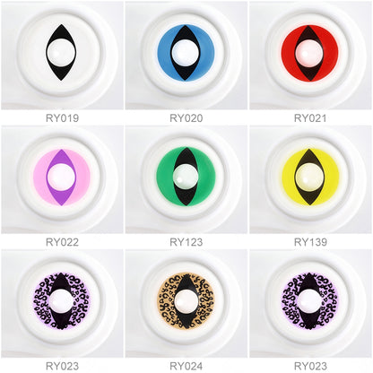 Variety of eye cat halloween contacts color displayed on a model's eyes, showcasing 9 different shades.
