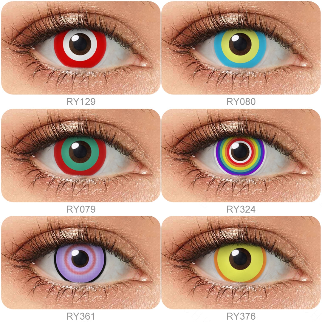 Grid display of 6 shades of Cosplay Circle Costume Contacts, showing a variety of shades, each paired with a close-up view of the lens pattern