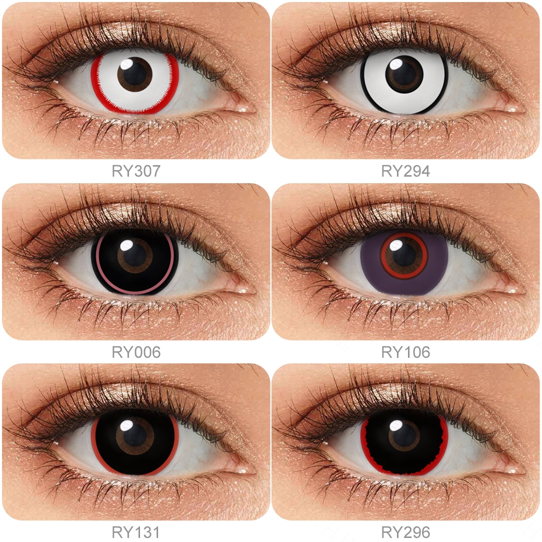 Grid display of 6 shades of Cosplay Circle Costume Contacts, showing a variety of shades, each paired with a close-up view of the lens pattern
