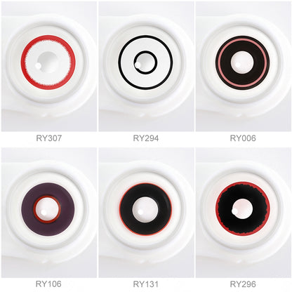 Array of cosplay Circle Costume Contacts in a white case, showcasing 6 colors, Each lens is labeled with its color name beneath the case.