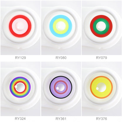 Array of cosplay Circle Costume Contacts in a white case, showcasing 6 colors, Each lens is labeled with its color name beneath the case.