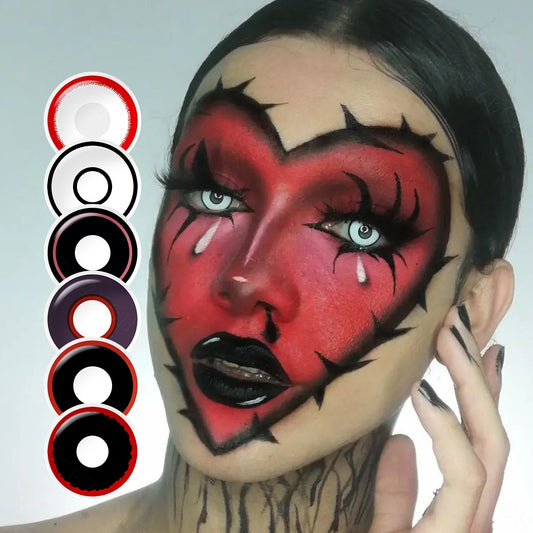 A yong lady showcasing Cosplay Circle Costume Contacts, with close-up insets highlighting halloween and enhanced eye colors available.