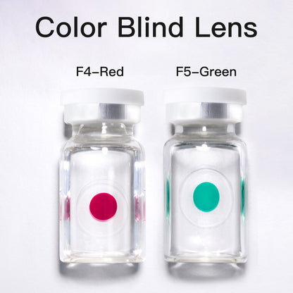 A display of Color Blind Lens packed in glass bottles, with the name of the shade displayed above it, including F4-Red and F5-Green.