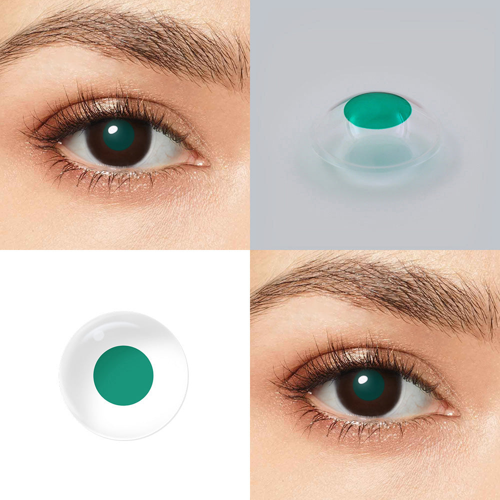 Grid display of 1 shade of Color Blind Lens- F5 Green, with a close-up view of the real lens and the wearing effect on a model‘s eye.