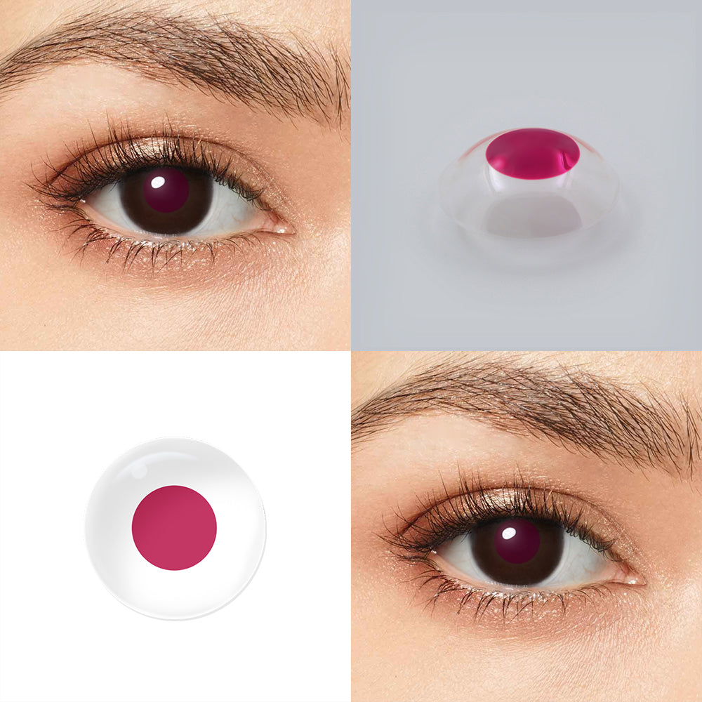 Grid display of 1 shade of Color Blind Lens- F4 Red, with a close-up view of the real lens and the wearing effect on a model‘s eye.