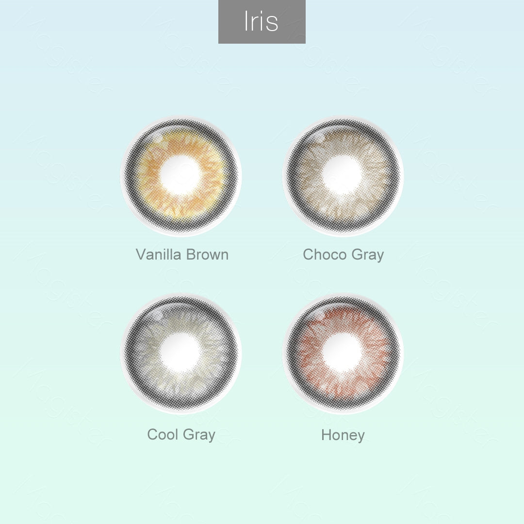 Grid layout of IRIS color contact lens in various shades with each lens' color name: Vanilla Brown，Choco Gray, Cool Gray, Honey, on a soft gradient background.