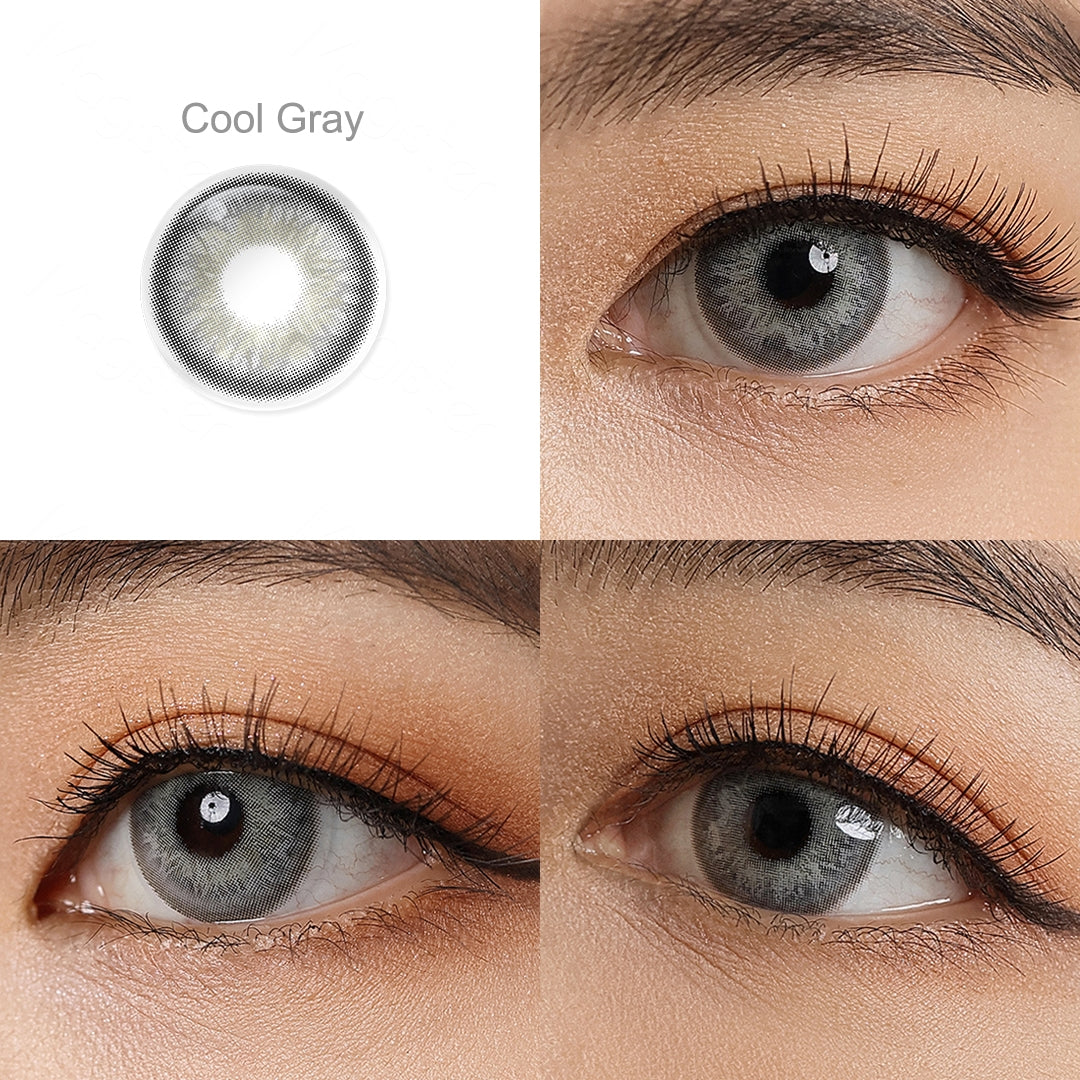 Showcase of one IRIS color contact lens in natural eye settings, labeled Cool Gray, demonstrating the transformative effect from 3 sides on the wearer's eye color.