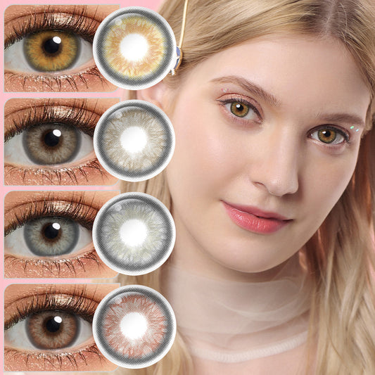 A young lady showcasing IRIS color contact lens, with close-up insets highlighting the natural and enhanced eye colors available.