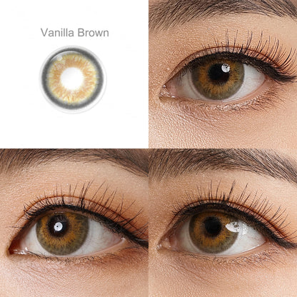 Showcase of one IRIS color contact lens in natural eye settings, labeled Vanilla Brown, demonstrating the transformative effect from 3 sides on the wearer's eye color.