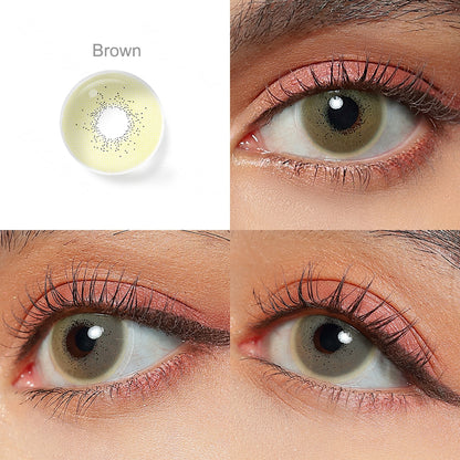 Grid display of 1 shade of BeNatural Cosmetic Contacts, which is Black Pearl,with a close-up view of the lens pattern and the effect on a brown-eyed model in 3 different angel.