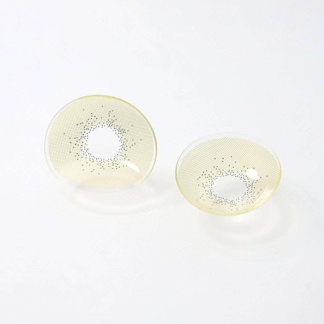 2 pcs lenses of BeNatural contact lenses on a white surface, showing the details of the lens pattern from the front and back
