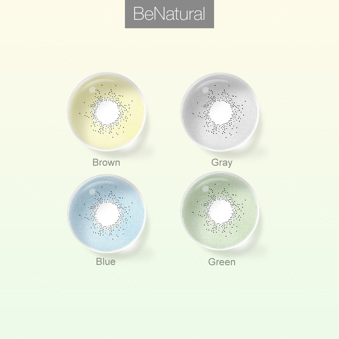 Grid layout of BeNatural colored contact lenses in various shades with each lens' color name:Brown，Gray，Blue，Green with close-up insets highlighting the natural and enhanced eye colors available., on a soft gradient background.